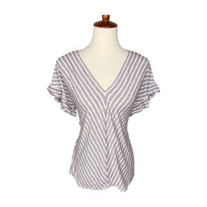 MAX STUDIO Striped Flutter Sleeve Top Women’s Plus 1X Brown White V-Neck